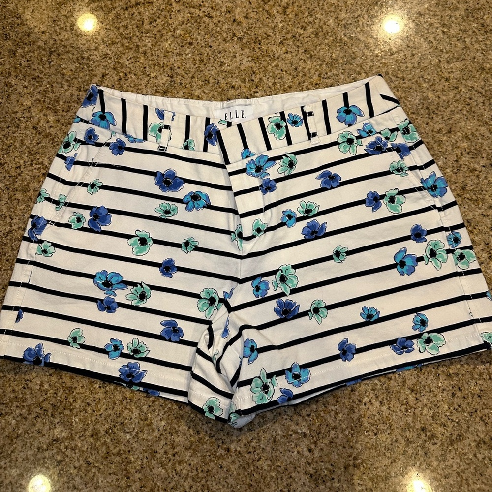 Elle Women's Floral Striped Shorts - Blue, Black, and White